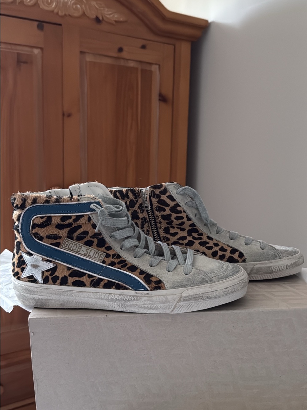 Golden Goose Leopard-Print High-Top Sneakers with Blue Trim